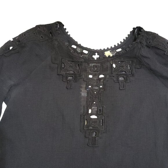 Free People Black Boho Tunic Mini Dress S Cotton Gauze Lace Goth Witchy Coquette - Picture 3 of 16